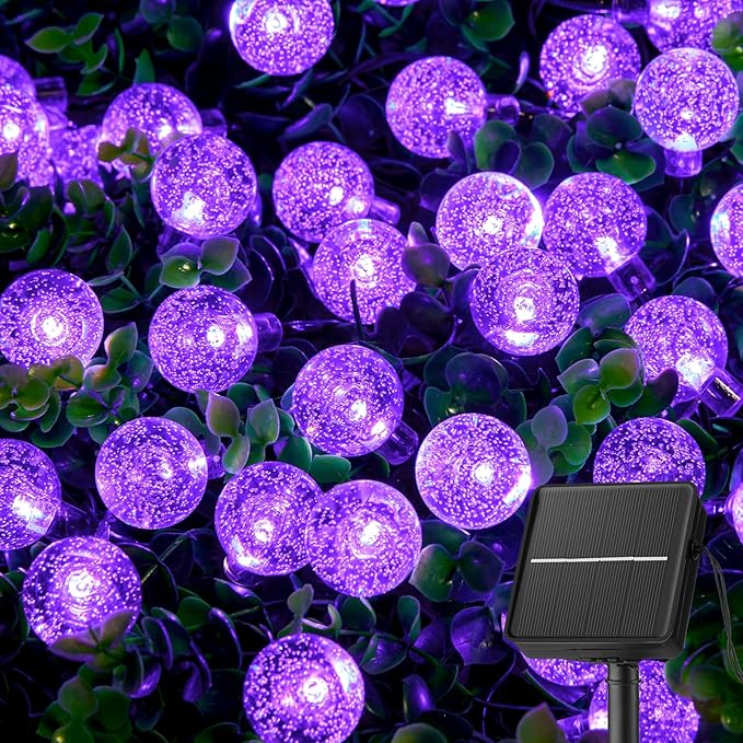 Brightown Purple Solar Halloween Lights Outdoor 60 Led 36 Feet Crystal Globe String Lights with 8 Lighting Modes, Waterproof Solar Powered Patio Lights for Garden Yard Porch Decor (Purple)