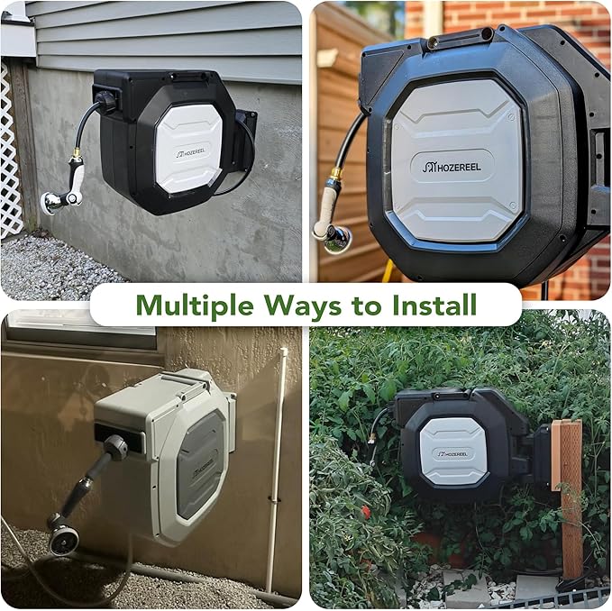 5/8" x 100 ft Heavy Duty Retractable Garden Hose Reel by HOZEREEL, Outdoor Garden Hose Reels - Self Retract Wall Mount Hose Reel Automatic Storage, 10 Pattern Nozzle, Grey