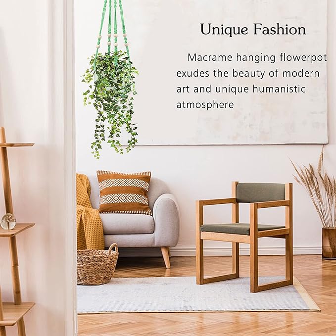 Augshy Macrame Plant Hangers Green Hanging Planters for Indoor Outdoor Home Decor, Hanging Plant Holder No Tassels Set of 2 with 4 Hooks