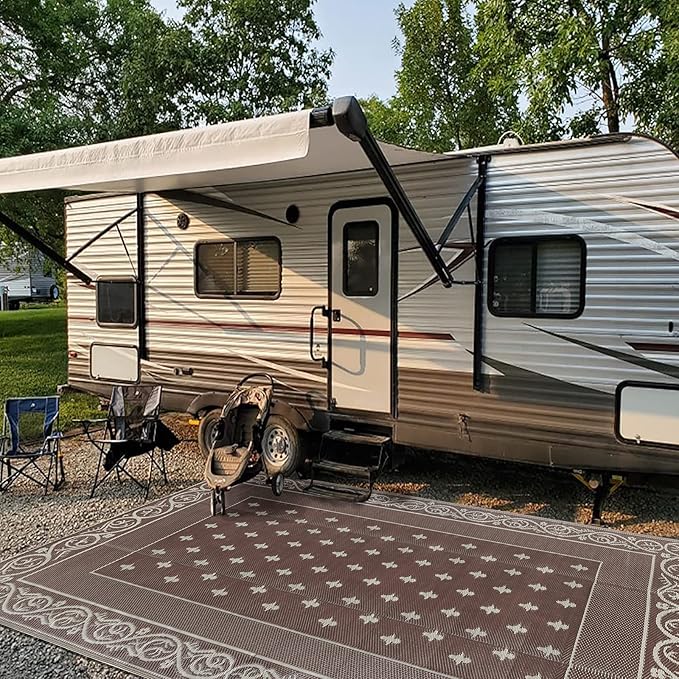 Pauwer Waterproof Outdoor Rug 6x9, Reversible Plastic Straw Patio Camping Rug, Indoor Outdoor RV Mat Carpet for Deck, Camper, Porch, Balcony, Backyard, Picnic, Bordered Brown