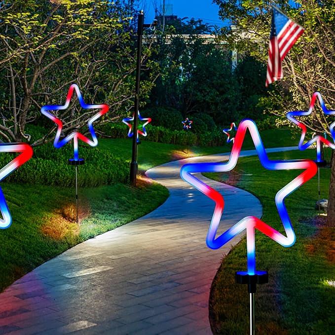 BlcTec 4th of July Decorations, 4PCS Red White and Blue Lights with Stainless Steel Stakes, 4 Big LED Neon Stars Patriotic Lights with Waterproof for Independence Day Garden Yard Lawn Decor, Plug in