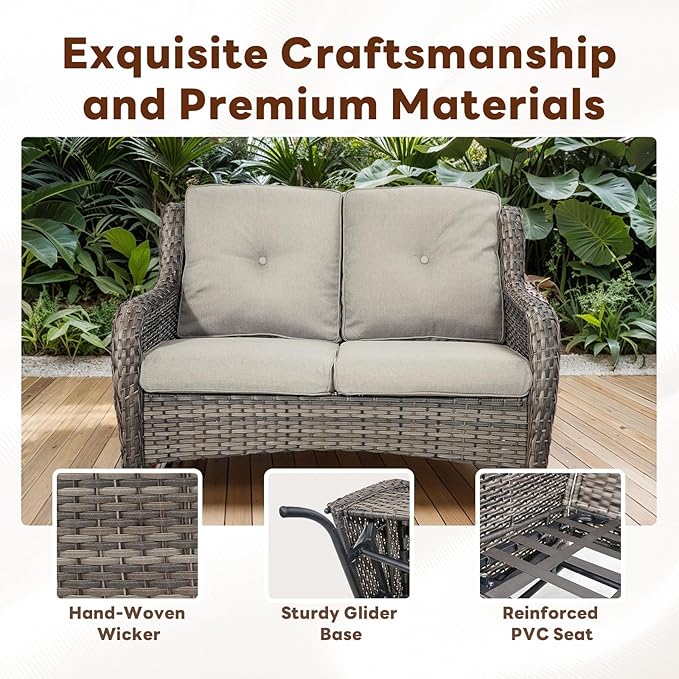 8 Piece Outdoor Patio Furniture Set - 41" CSA Propane Fire Pit Table Patio Conversation Set with Swivel Rocker Outdoor Chairs, Wicker loveseat and Ottoman for Outside Casual Gathering