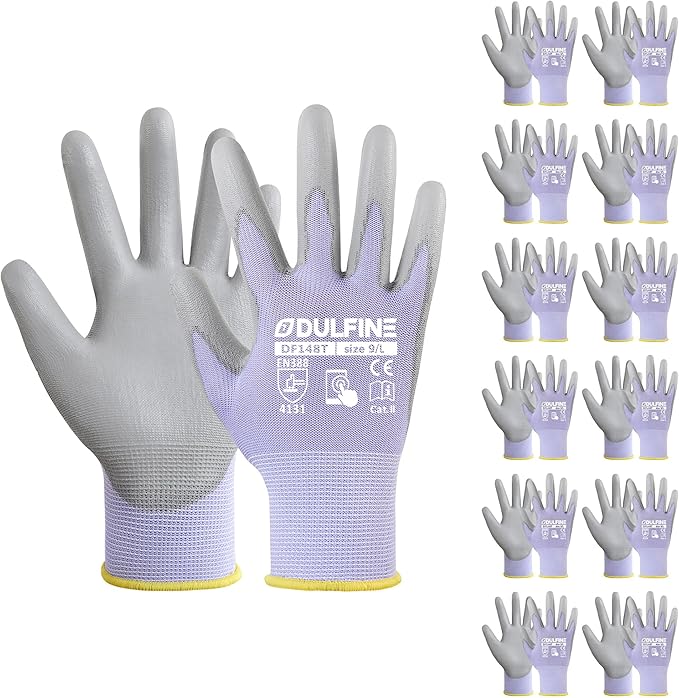 DULFINE Work Gloves for Men PU Coated 12 Pairs Bulk Pack,Purple Seamless Knit Glove with thin Polyurethane,Two Finger Touchscreen, for Men and Women, Ideal for Light Duty Work. (Medium)