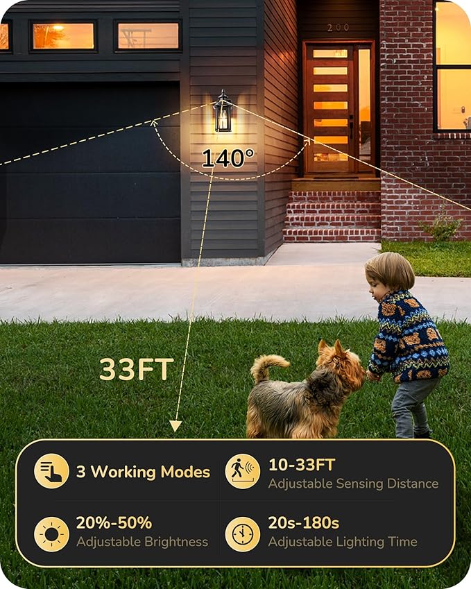 EDISHINE 2 Pack Motion Sensor Outdoor Wall Lights, Dusk to Dawn Exterior Lighting Fixture, Modern Porch Light Wall Mount, Clear Water Glass, Anti-Rust Aluminum for Front Door Garage, Patio, Black