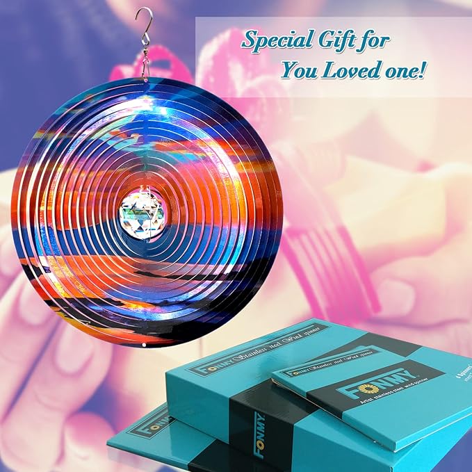 FONMY Mandala Wind Spinner w/Crystal Ball-Rosy Down 3D Stainless Steel Hanging Spinners Worth Gift Christmas Decoration Indoor/Outdoor Garden Décor Kinetic Yard Art 12 Inches Wind Sculpture