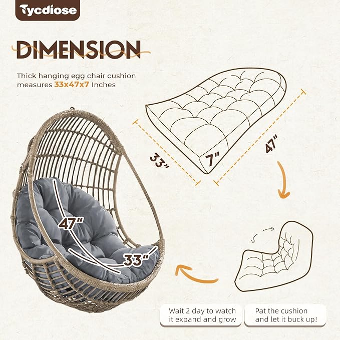 Egg Chair Cushion Replacement, Waterproof Outdoor Hanging Egg Swing Chair Cushions Pads, U-Shaped Thickened Cushions for Hanging Eggs Chair with Ties, 47x33x7 Inches (Grey)