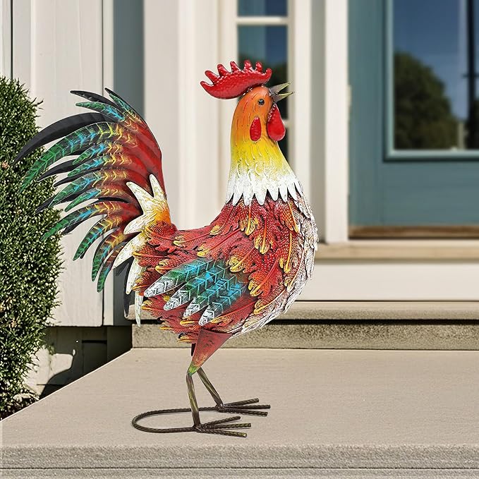 21" Metal Rooster Decor, Outdoor Garden Statues, Metal Chicken Sculpture for Backyard Patio Kitchen Decor