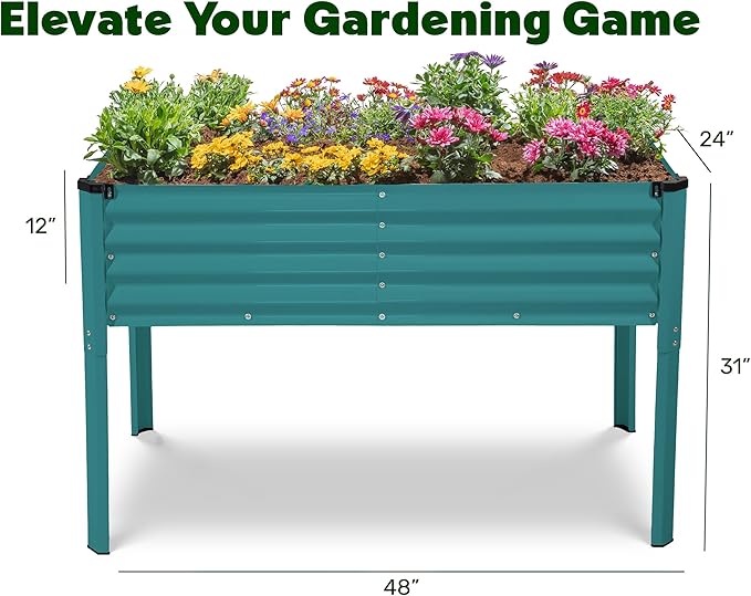 Galvanized Raised Garden Beds Outdoor with Legs // 48×24×31in Elevated Planter Box for Vegetables, Flowers (Turquoise) // Large Metal Garden Bed for Backyard Patio Gardening