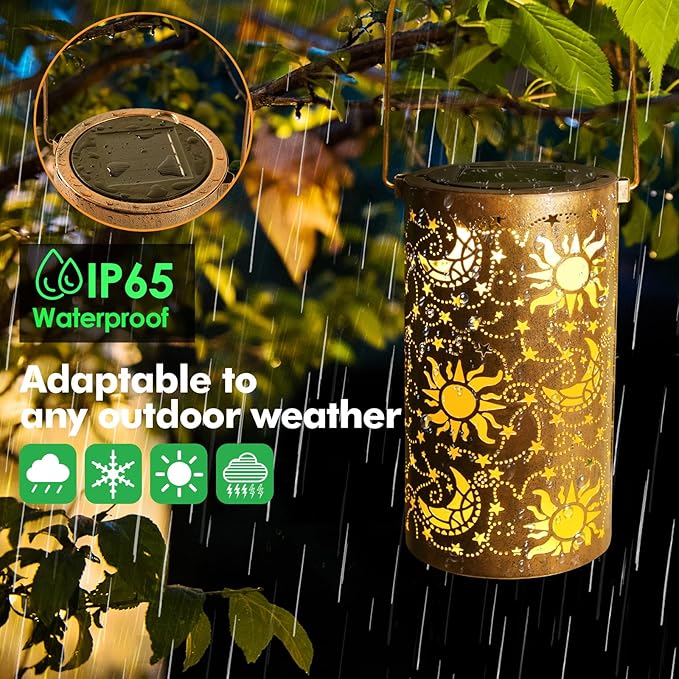 Fabuday Sun Moon Outdoor Solar Lantern Waterproof - Hanging Solar Power Lights Led for Outside, Garden Decor for Patio, Porch, Balcony, Yard and Deck, Stars Decorations Gifts for Women Mom