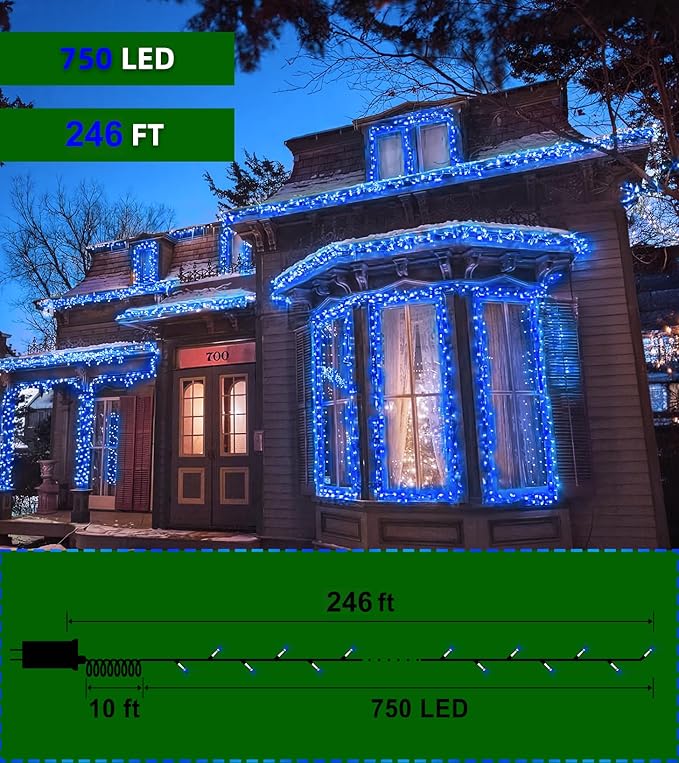 750 LED Outdoor Christmas Lights Decorations, 246ft Green Wire LED Christmas String Lights with Timer Memory, Twinkle Lighs for Indoor Outdoor Xmas Party Christmas Tree Wedding Garden Patio Blue