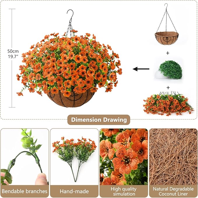 Artificial Faux Hanging Plants Flowers Basket Outdoor Indoor Patio Lawn Garden Spring Decor, Fake Silk Daisy in Basket with 12inch Coconut Lining Chain Palm Flowerpot(Orange)
