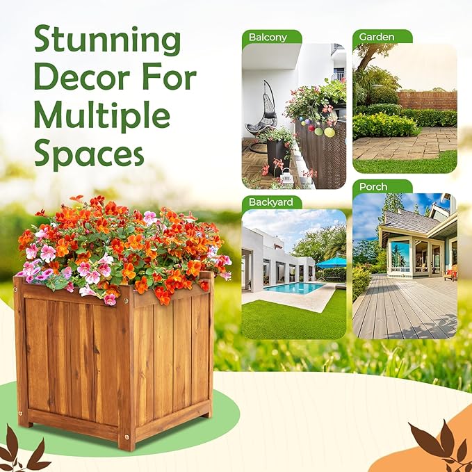 Idzo Set of 2 Hardwood Outdoor Flower Box, Durable Acacia Wood Flower Boxes for Outdoor Plants with Ergonomic Handles, Drainage Holes, Multiple Sizes Wood Bucket Planter for Home Décor