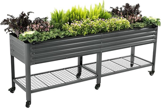 Rolling Elevated Raised Garden Bed-V Series, 2' x 8' Garden Beds with Legs & Storage Rack for Patio & Porch, 1400 Lbs Weight Capacity, Outdoor Planter Box for Vegetables Flower Herbs, Modern Gray