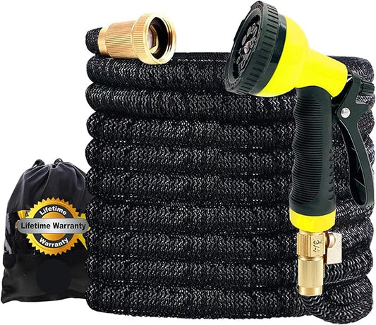 J&B XpandaHose 100ft Expandable Garden Hose with Holder - Heavy Duty Superior Strength 3750D - 4 -Layer Latex Core - Extra Strong Brass Connectors and 10 Spray Nozzle w/Storage Bag (Black 100)
