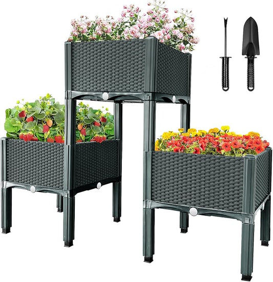 MAYOLIAH Raised Garden Bed with Drainage Elevated Planter Box Plastic Raised Beds for Gardening Vegetables Herb Flowers, Perfect for Indoor Outdoor Planting, 3 Boxes Grey