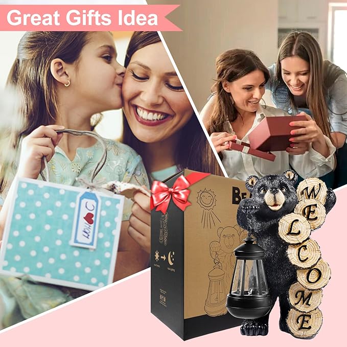 Garden Decor Solar Statues: Mothers Day Gifts for Mom Grandma Birthdays for Women Sister Wife Lady - Front Patio Balcony Yard Art Lawn Ornaments Porch Outdoor Outside Decorations (Bear)