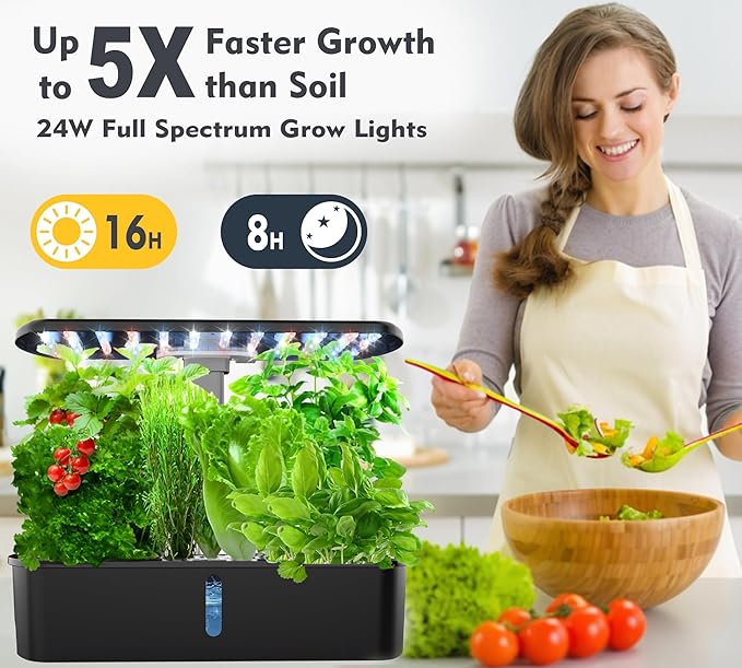 Hydroponics Growing System Kit 12 Pods Indoor Garden, Hydroponic Herb Garden Kit Indoor with LED Grow Light, Smart Indoor Garden, Adjustable Height, Auto Timer, Quiet Pump, Gift for Mom Women, Black