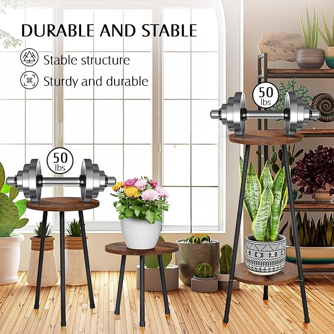 2 Pack Indoor Plant Stand, Mid-Century Wooden Style Plant Holder, Indoor Outdoor Flower Stand,Small Round Table, Two Different Sizes(Black)