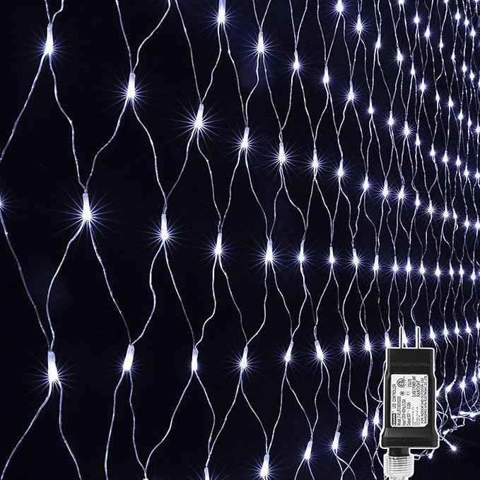 LYHOPE 12ft x 5ft 360 LED Christmas Net Lights, 8 Modes Low Voltage Mesh Christmas Decorative Lights for Xmas Trees, Bushes, Wedding, Garden, Outdoor, Indoor Decor (White)