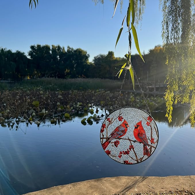 Cardinal Red Bird Suncatcher Stained Glass Suncatchers 7.87 Inch Stained Glass Ornament for Home Decor Indoor Wall Art for Christmas Day Valentine's Day Mother's Day Women