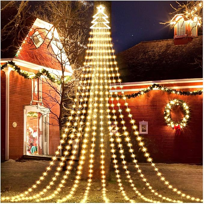 420 LED Outdoor Christmas Decorations Star String Lights Waterproof Christmas Tree Topper, 8 Lighting Modes Waterfall Lights for Tree Patio Garden Yard Party (Warm White)