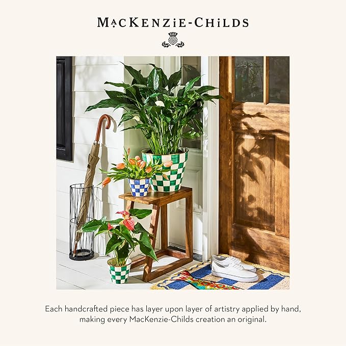 MACKENZIE-CHILDS Flowerpot, Decorative Garden Pot for Growing Plants, Green-and-White Emerald Check
