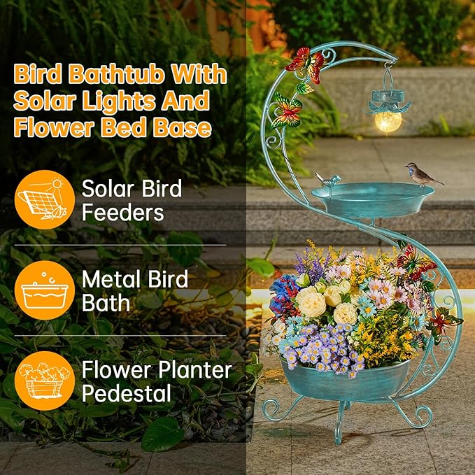 Bird Bath for Outside with Solar Lamp, 36" Birdbaths for Outdoors with Planter Flower Pot, Metal Bird Bath Bowl for Garden Yard Decor (All Blue Green)