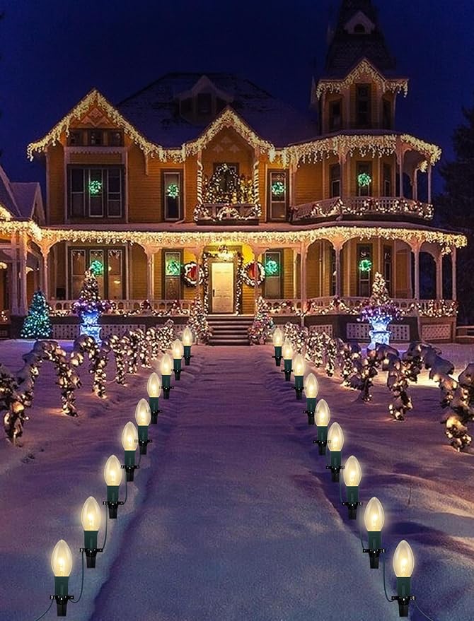Christmas Pathway Lights Outdoor, 38Ft Outdoor Christmas Decorations with 25 C9 Warm White Christmas Pathway Stakes Lights, Connectable Christmas Walkway Lights for Yard Lawn Sidewalk Driveway Garden