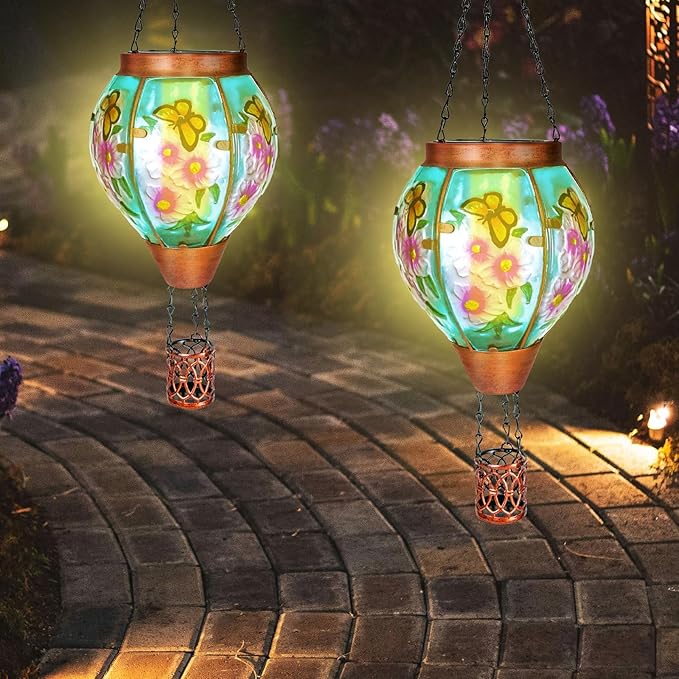 Solar Hot Air Balloon Lantern with Flame， Butterfly Glass Outdoor Solar Lanterns for Outside Hanging Farmhouse Patio Pathway Decor, Butterfly Gifts for Women Grandma Mom