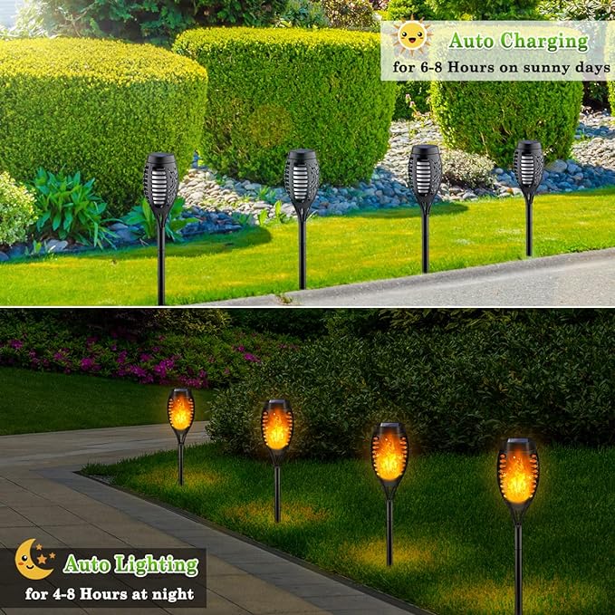 Outdoor Solar Lights, 6Pack Solar Torch Light with Flickering Flame, Garden Lights Waterproof for Outdoor Decor, Tiki Torches for Outside, Luces Solares para Exteriores Pathway Yard Garden Decor
