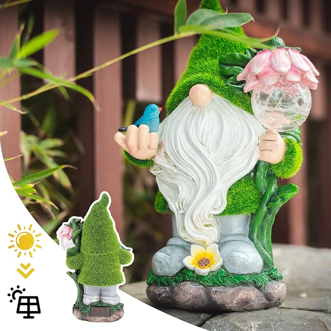 Garden Gnome Statue - Funny Gnome Decoration Hold Flower with Solar Crackle Glass Globe Lights, Resin Gnome Figurine Ornament for Patio Yard Lawn Porch Outdoor Decor