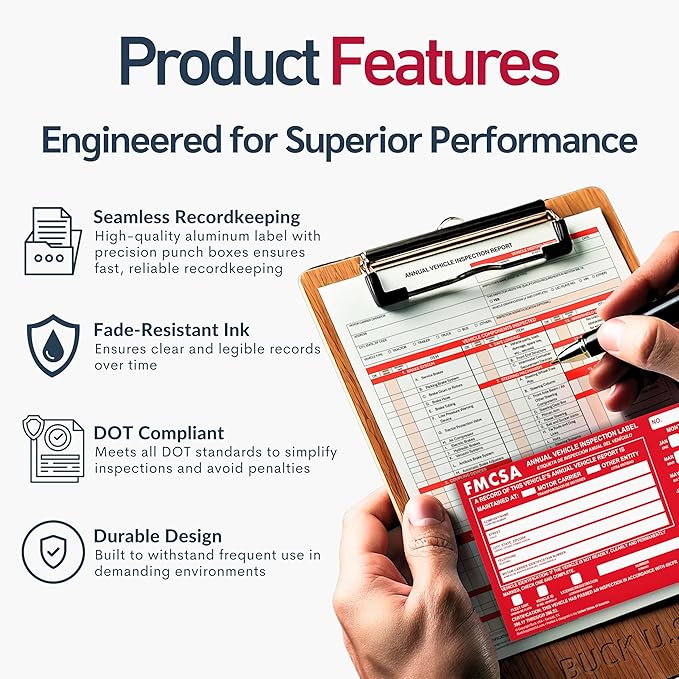 25 Pack Buck Aluminum Annual Vehicle Inspection Label with Punch Boxes, 2 Mil Red FMCSA Self Adhesive Sticker, DOT Compliant, Weatherproof, Tear Resistant, Easy to Write On, 6" x 3.5" - Made in USA