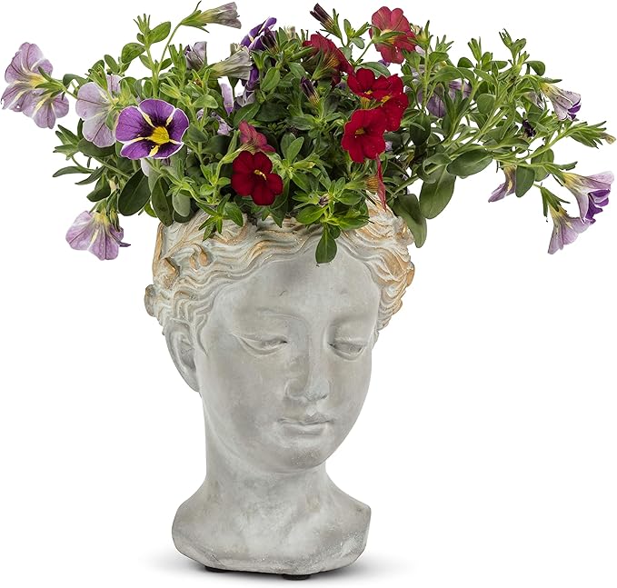 Abbott Collection Aphrodite Head Planter – Small Indoor and Outdoor Planter Pots - Whimsical Woman Statue Head Planter for Flowers and Succulents (6.5 inch, Grey/Gold)