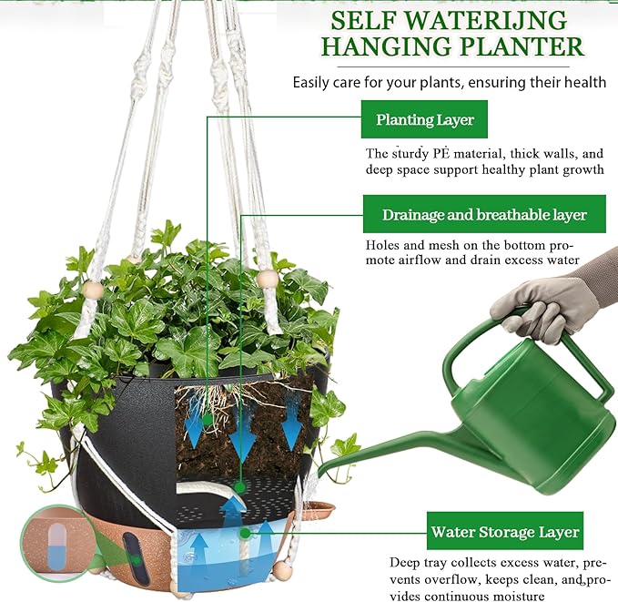 10 Inch Hanging Planters for Indoor Plants, 2 Pack Self Watering Hanging Baskets Flower Pots with Drainage Hole, Visual Reservoir & 2 Kinds of Plant Hanger for Outdoor Garden Home Decor