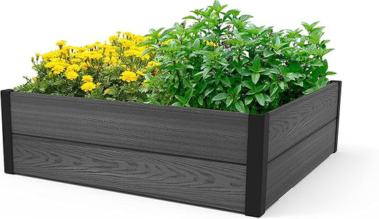 Keter 48" X 48" inches Wood Look Raised Garden Bed, Durable Outdoor Herb Garden Planter for Vegetables, Flowers, and Succulents, Grey