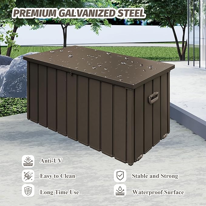 Domi Deck Box 190 Gallon, Waterproof Lockable Steel Outdoor Storage Container for Outside Cushions, Garden Tools and Pools Equipment, Brown