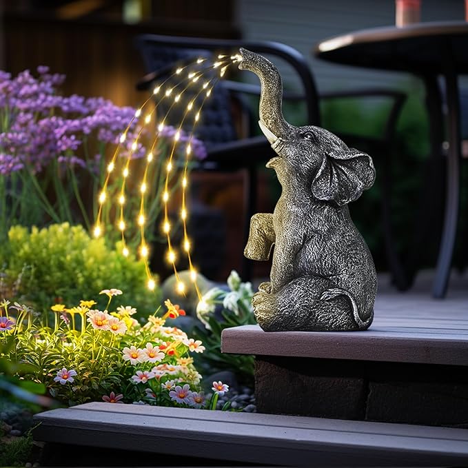GIGALUMI Solar Garden Decor Watering Elephant Statues Outdoor, Birthday Gifts for Women Mom Grandma Senior Elder, Elephant Ornament for Balcony, Garden, Patio, Yard, Lawn (Twinkling Lights Only)