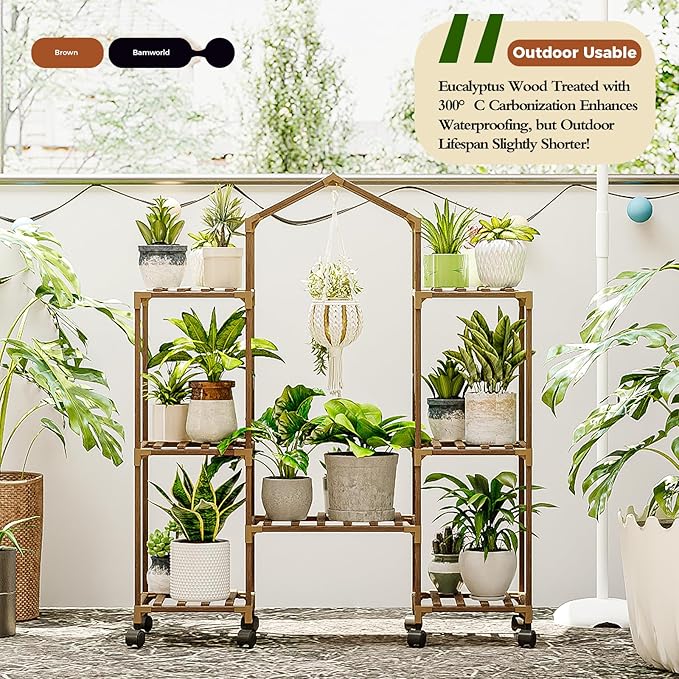 Bamworld Plant Stand with Wheels Indoor Hanging Plant Shelf Outdoor Large Plant Rack for Multiple Plants Boho Home Decor Plant Gift for Mom Women