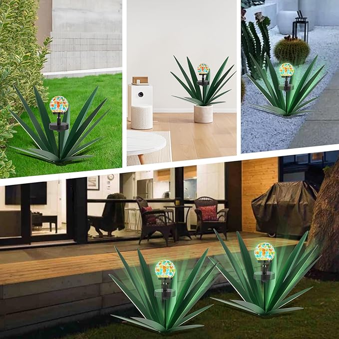 Enlarge Metal Plants Tequila Rustic Sculpture, Outdoor Patio Yard, Home Decor Hand Painted Agave Garden Statue, Outdoor Lawn Ornaments Yard Stakes for Mom Gift (1 Solar Green)