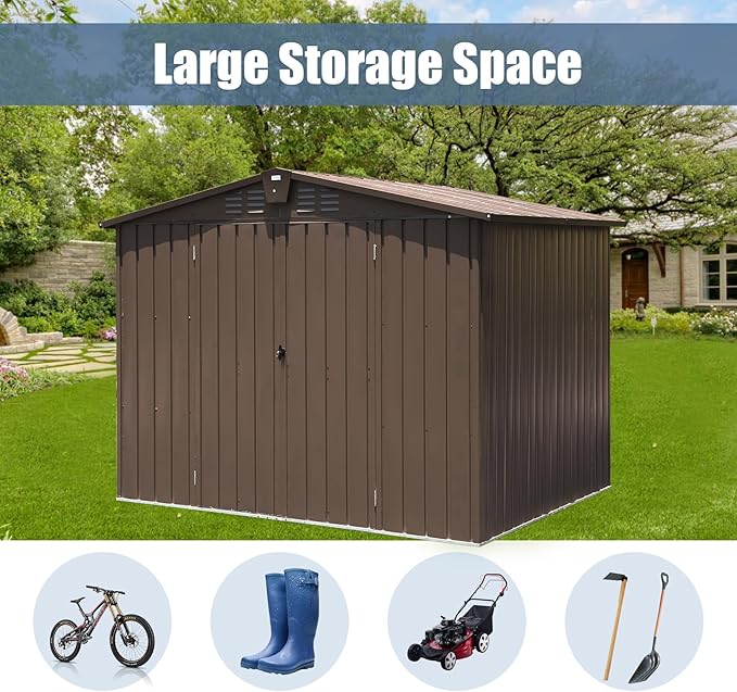Domi Outdoor Storage Shed 8.2' x 6.2', Metal Steel Utility Tool Shed Storage House with Double Lockable Doors & Air Vents for Backyard Patio Garden Lawn Brown