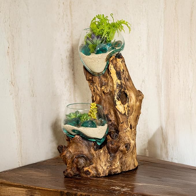 Cape Craftsmen 12" H Hand-Blown Blue Tinted Bubble Glass On Natural Teak Driftwood Terrarium | Home Décor Indoor Planter with Stand | Pot for Succulent and Plants