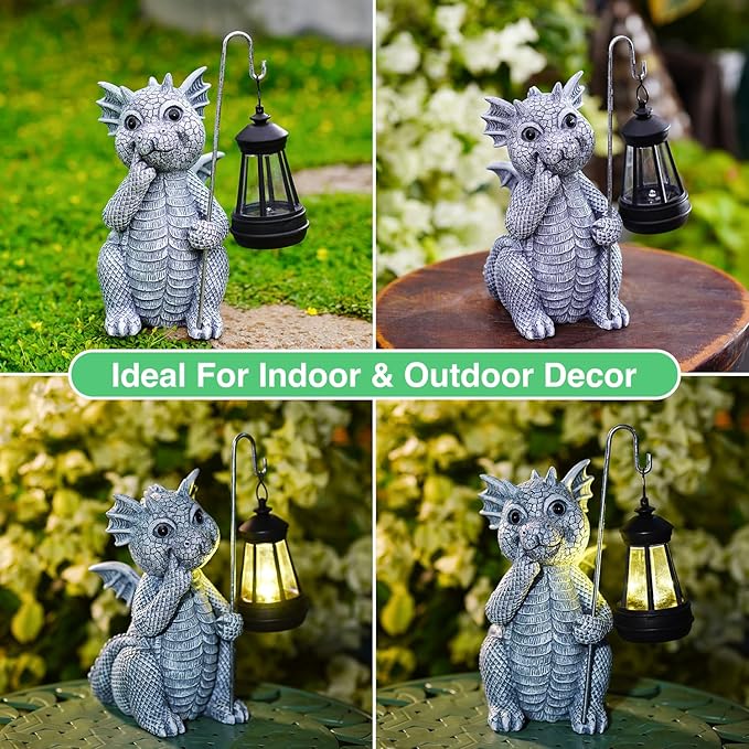 Goodeco Dragon Statue with Solar Lantern - Garden Decor for Lawn, Patio, and Yard - 8.3 inches Dragon Gifts & Outdoor Decorations