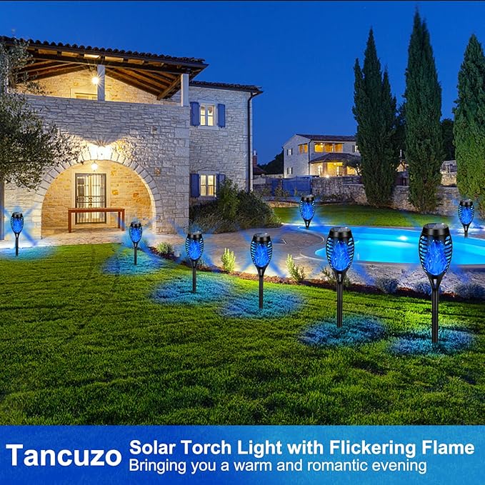 Solar Lights Outdoor, Upgraded 6 Pack Blue Solar Torch Light with Flickering Flame Waterproof for Garden Decor, Flame Torches for Outside Landscape Porch Yard Pathway Decorations