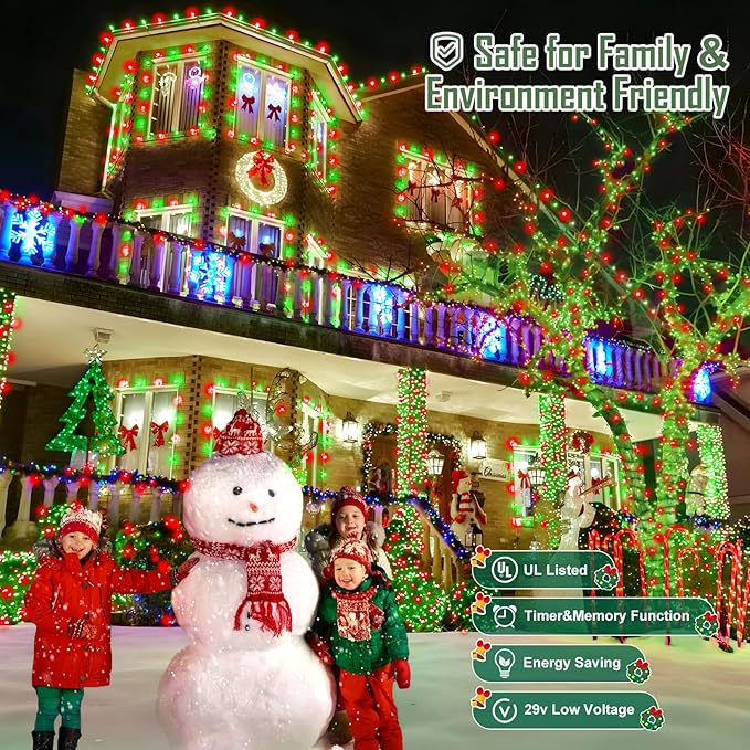 Heceltt 1600 LED 630 FT String Lights Outdoor, 8 Modes Christmas Lights Plug in, Waterproof Led String Lights with Timer and Memory for Christmas Home Party Tree Decorations (Red and Green)