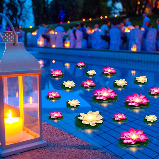 Liliful 24 Pcs Diwali Lotus Decoration Pool Floating Lights, Artificial Flowers Lotus with LED,Lily Pads Water Lantern for Indian Puja Home Decoration(3.94 Inch, 5.91 Inch,White, Pink)