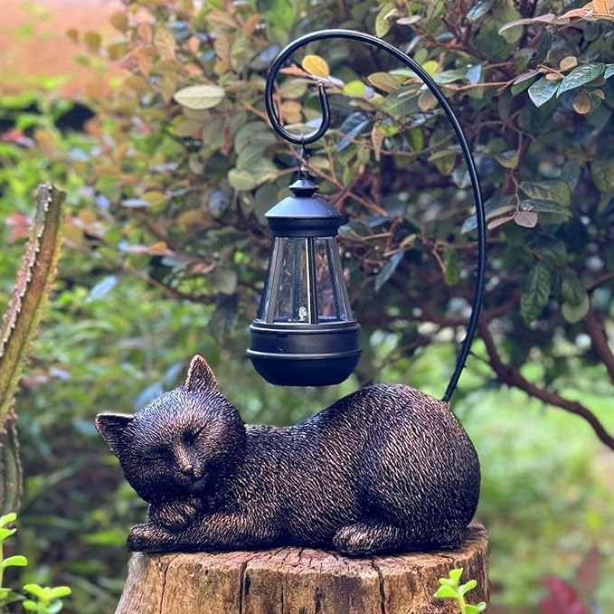 Cat Statue with Light Lantern Outdoor Garden Decor, Sleeping Cat Figurine with Solar-Powered LED Light, 13 Inches Tall Antique Bronze, Perfect for Gift Garden Decor or Housewarming for Cat Lovers