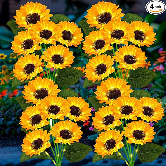 4 Pack Solar Sunflower Garden Lights 24 Vibrant Sunflowers LED Outdoor Decorative Stake Lights for Yard, Patio, Lawn, Pathway, IP65 Waterproof, Gardening Gift for Mom, Grandma, and Friends