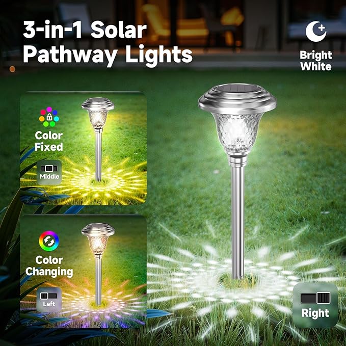 Beau Jardin 4 Pack Solar Pathway Lights Outdoor Stainless Steel Lights Solar Powered Waterproof Glass High Lumen Garden Landscape Path Yard Walkway Driveway Outside Color Changing Cool White Silver