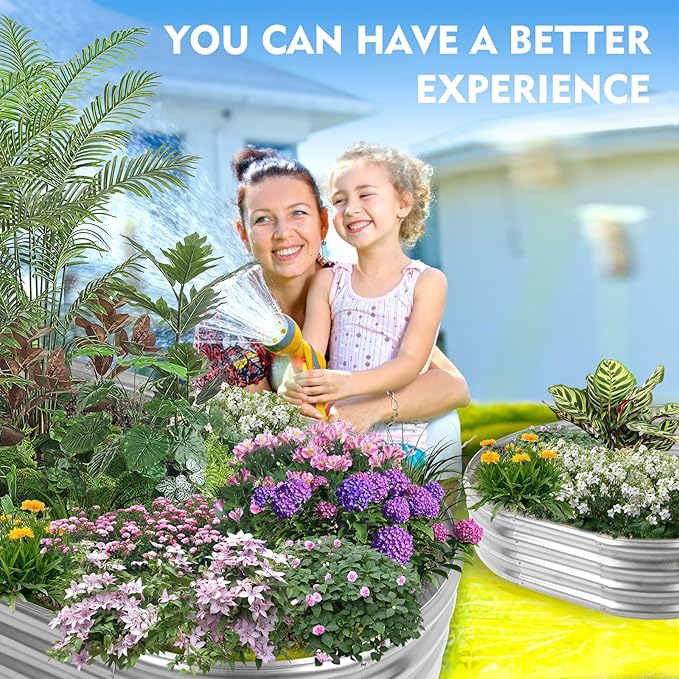 Durable-0.8MM Thick,Crimped Edge 5X2.7X1 FT Oval Galvanized Steel Raised Garden Bed/Galvanized Metal Planter Box for Planting in The Backyard/Garden(Silver, 60X32X12 Inches)