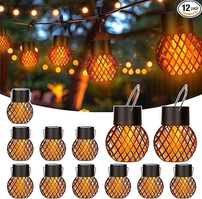 GIGALUMI 12 Pack Solar Lanterns for Outside,Solar Hanging Lights Outdoor Waterproof with Flickering Flame,Solar Powered Outdoor Lights Garden Decor for Yard,Patio,Tree,Camping,Festival Decoration
